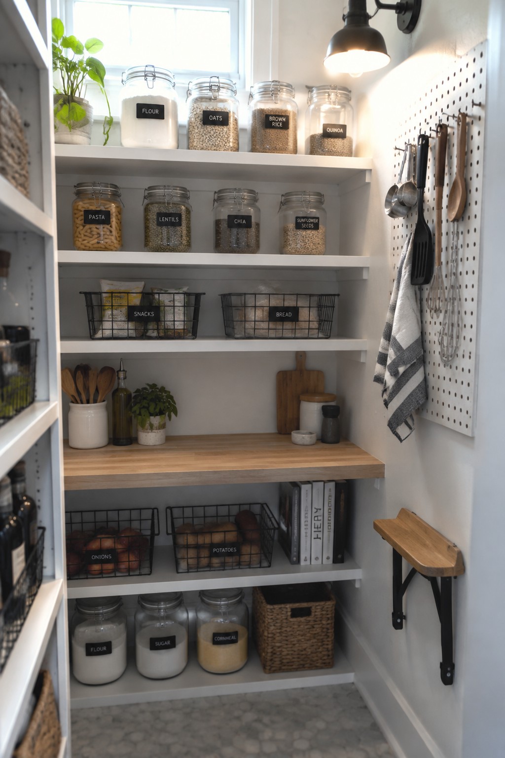 Bright white paint on the walls and open shelves of a narrow pantry.