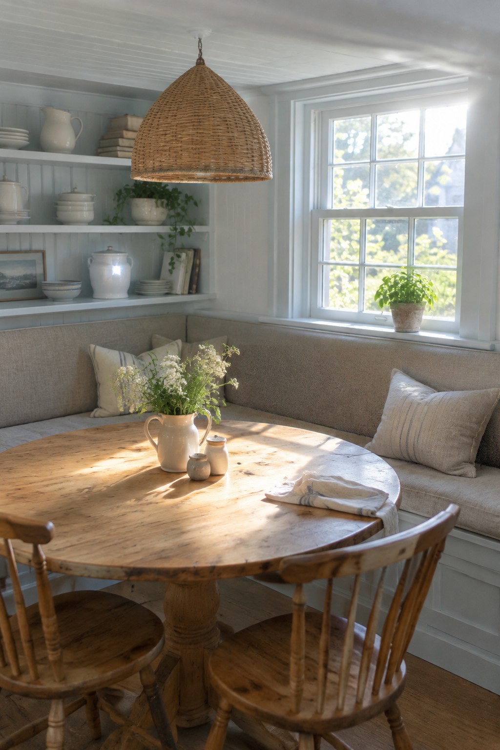 A bright dining nook with pale blue white walls and built-in shelves.