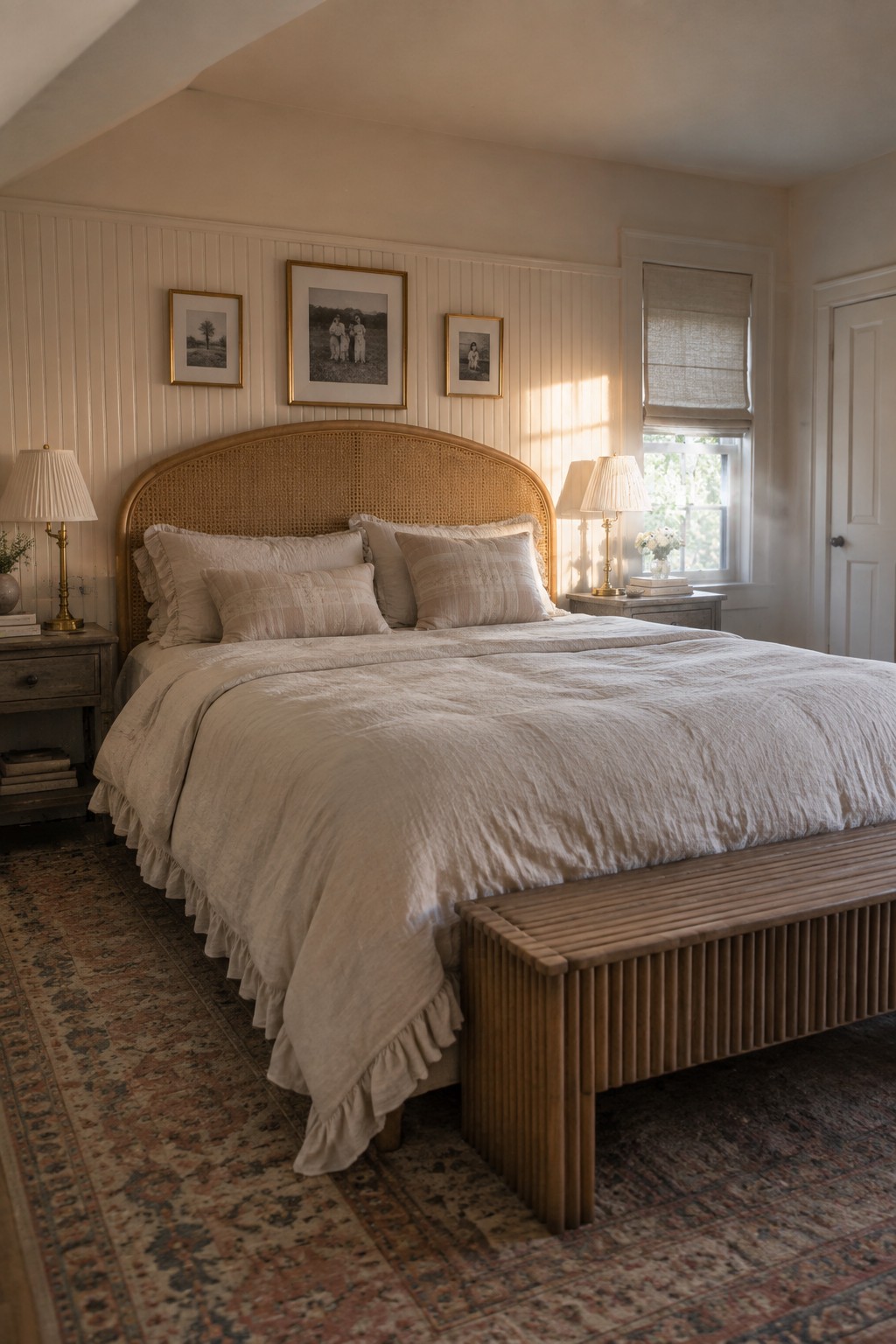 Warm off-white walls painted above beadboard paneling in a bedroom with wood furniture.