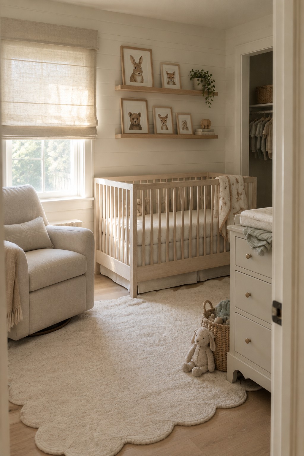A nursery with creamy white walls and light wood furniture.