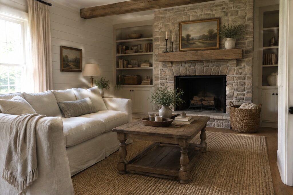 Warm white walls and built-ins surround a stone fireplace in a farmhouse living room.