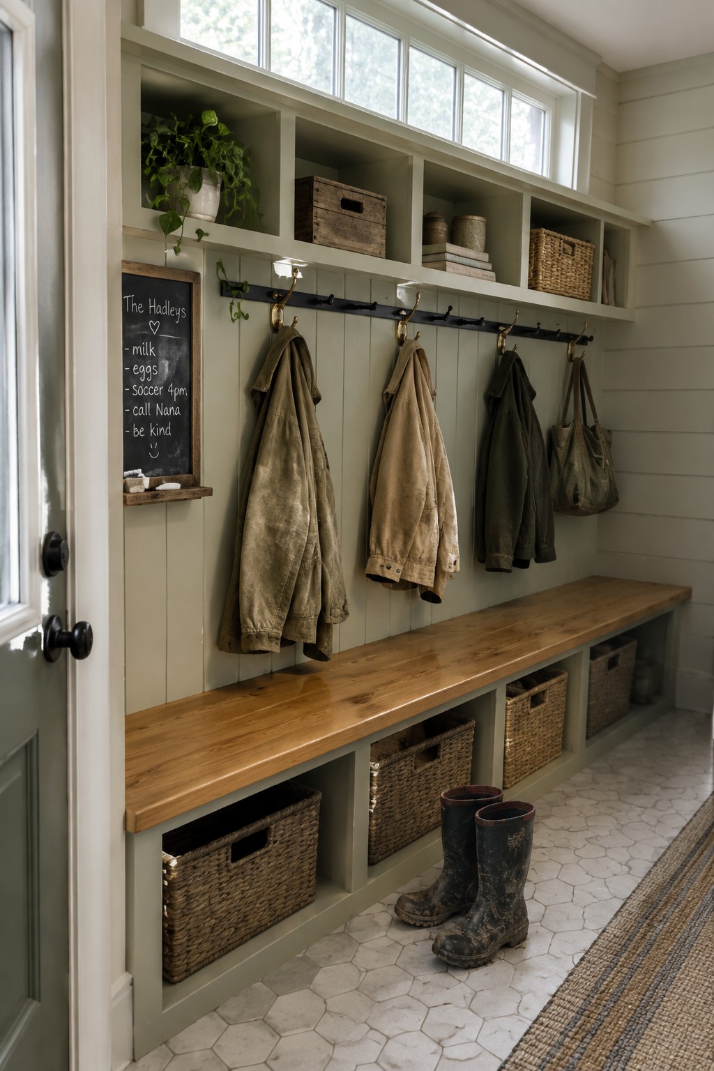 Soft sage green walls and built-in bench with storage in a farmhouse entryway.