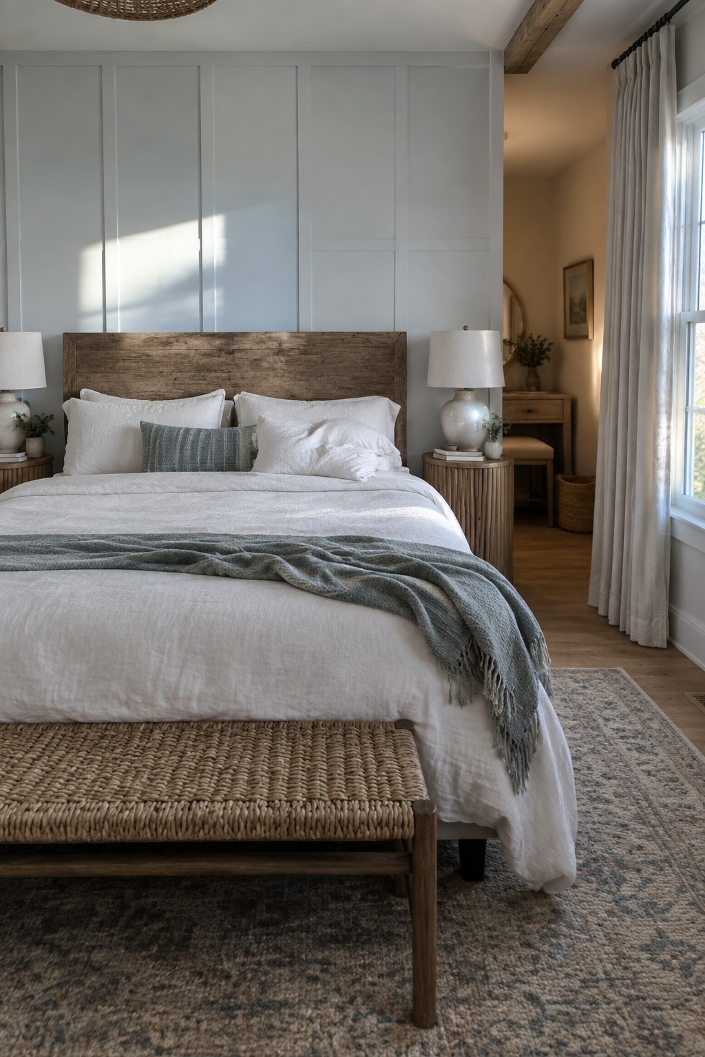 Bedroom with soft blue-gray paneled walls behind a wooden bed.