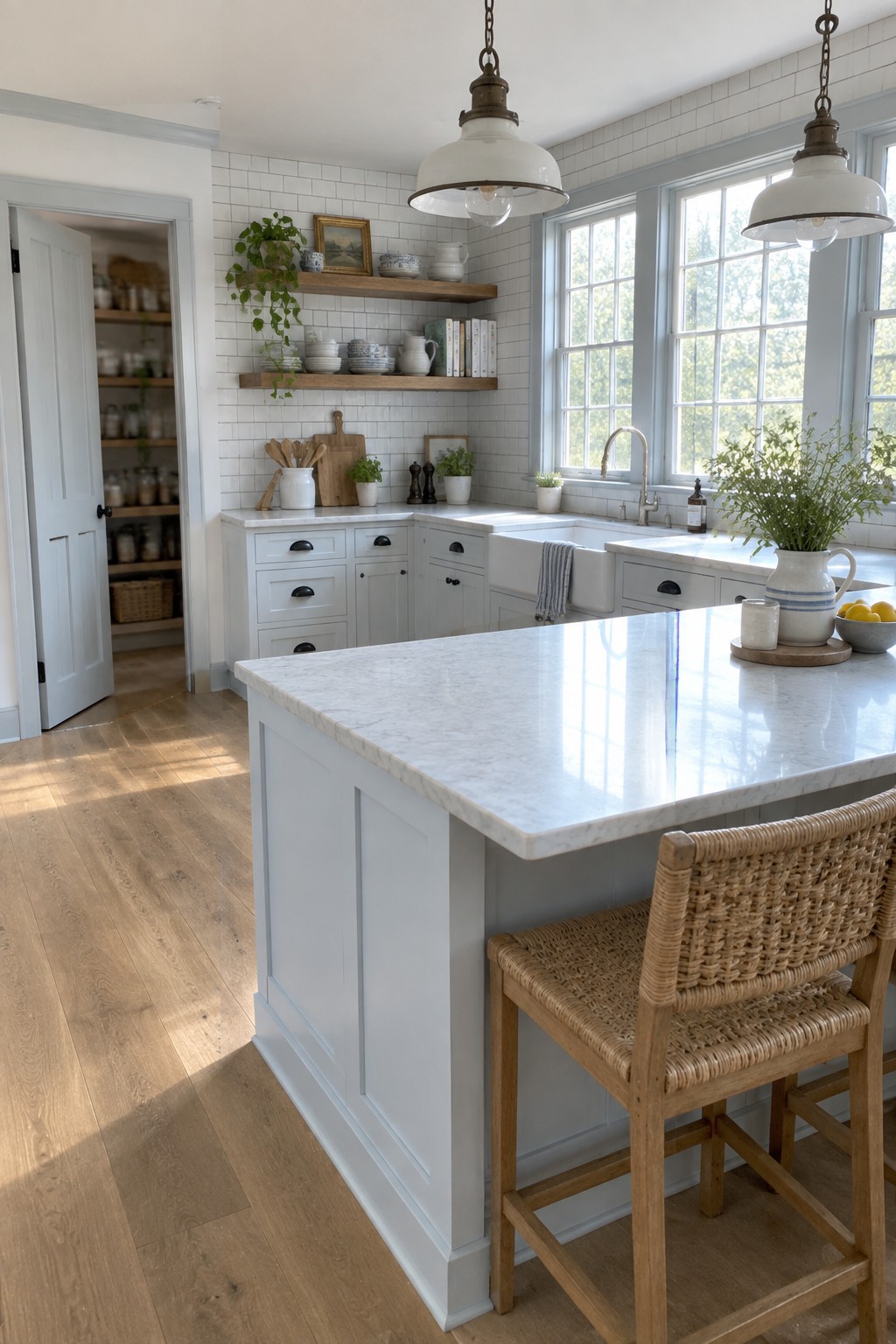 Bright white kitchen with marble island, woven stool, farmhouse sink, and open shelves.