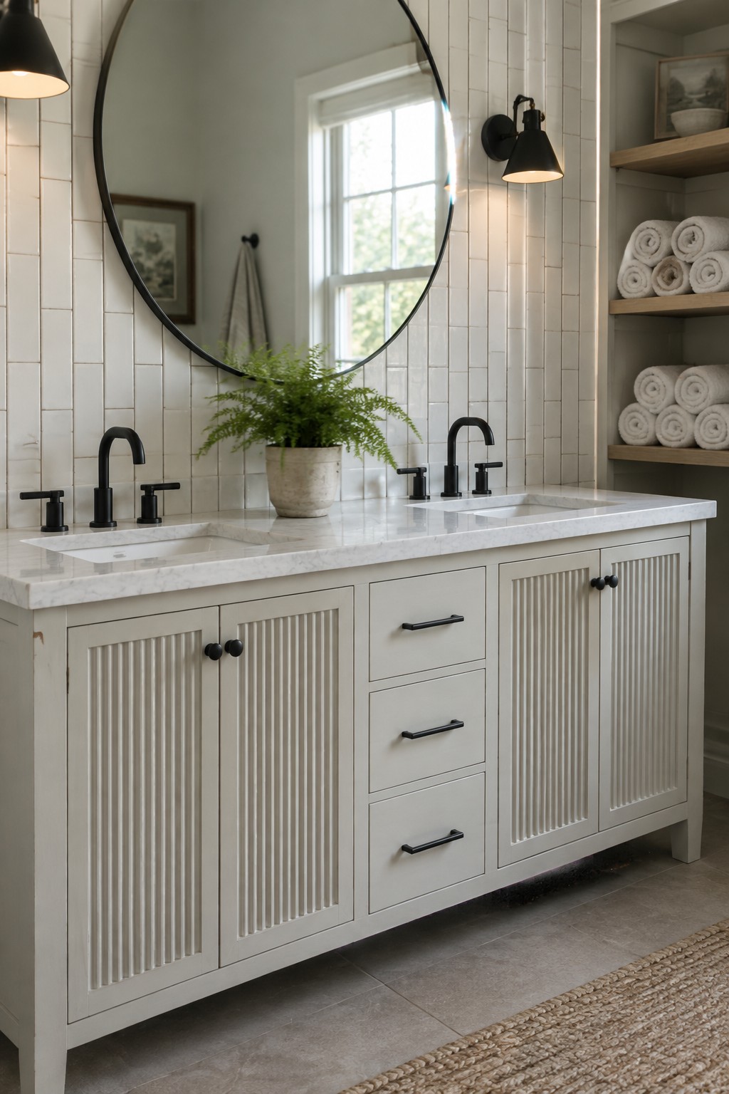 Soft warm white fluted vanity cabinets with marble countertop in a bathroom.