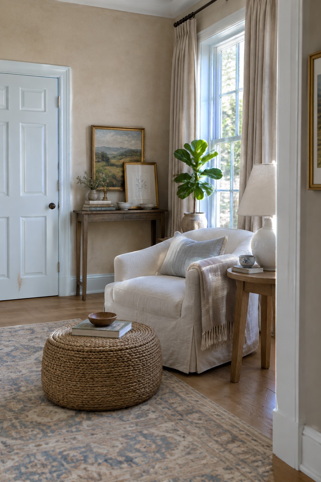 Warm cream walls in a classic living space with wood furniture and soft natural light.