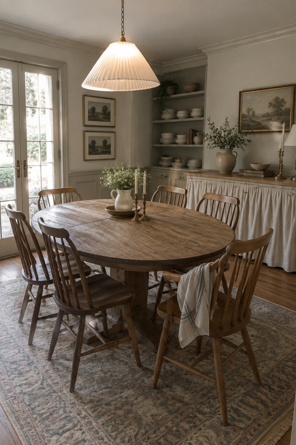 A dining room featuring warm off-white walls and wooden furniture around a round table.