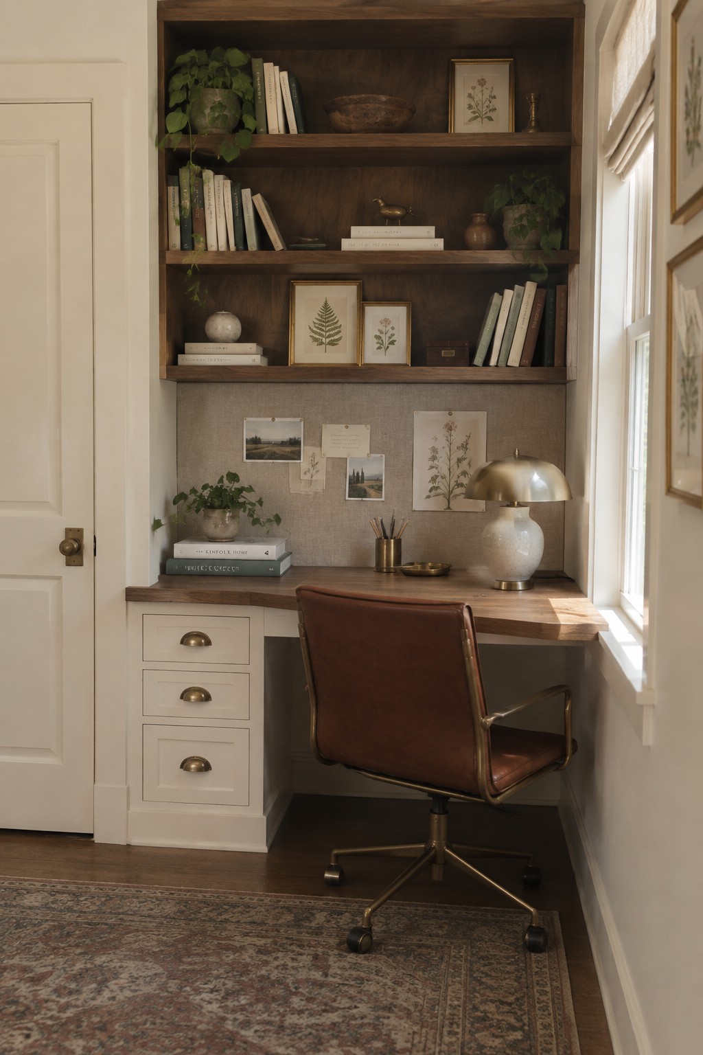 Built-in desk nook with warm white walls and lower cabinetry next to dark wood shelves.
