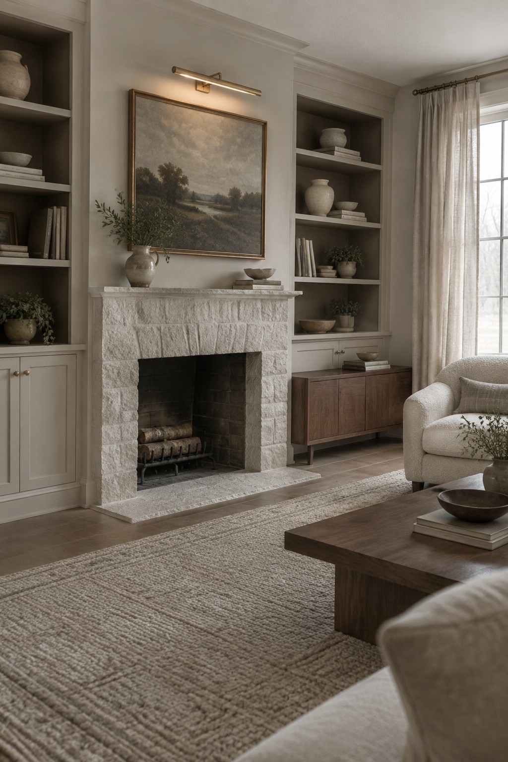 Warm white walls and built-in shelving surround a stone fireplace in a living room.