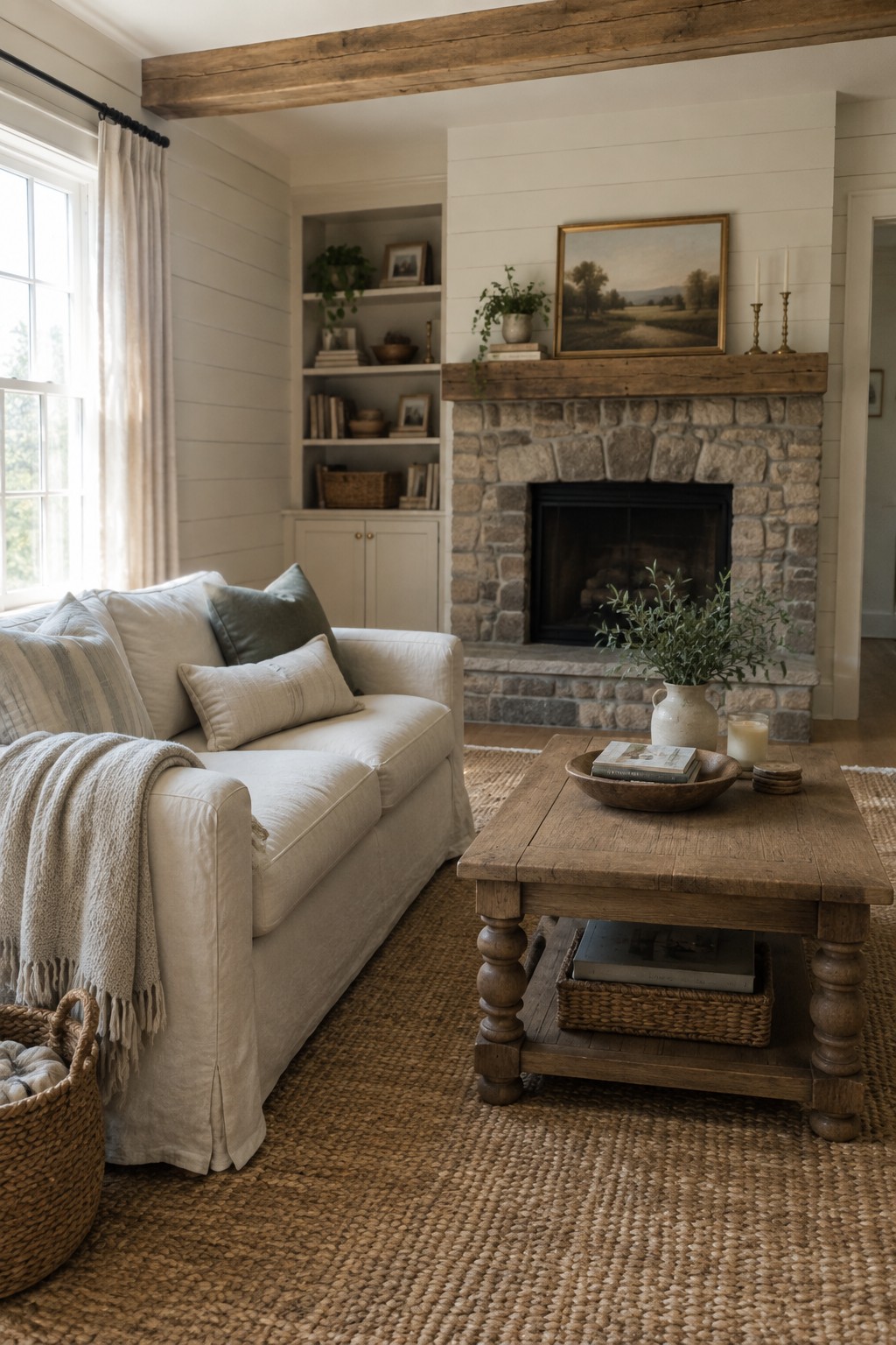 Warm white walls and built-ins surround a stone fireplace in a farmhouse living room.