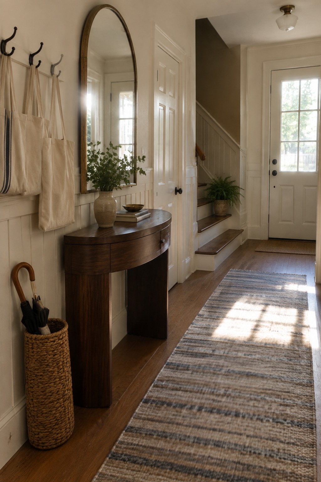 Bright white walls and wainscoting in a classic entry hallway with dark wood furniture.