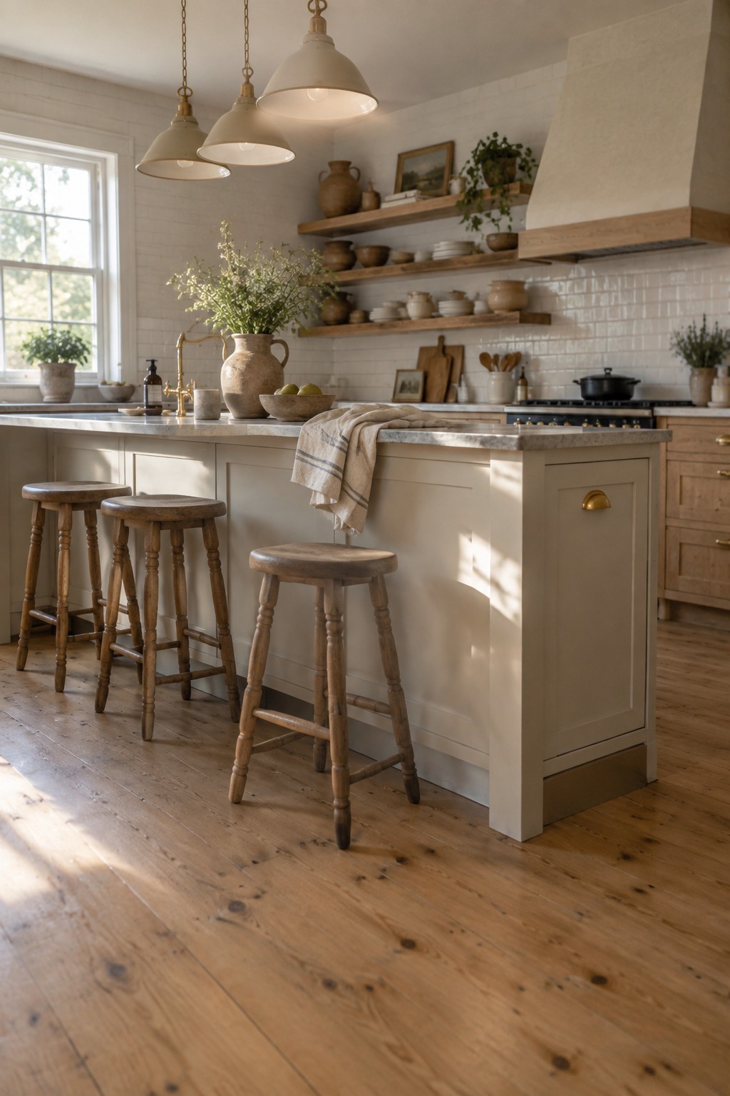 Warm off-white kitchen island cabinets paired with wood stools and marble counters in a bright farmhouse kitchen.