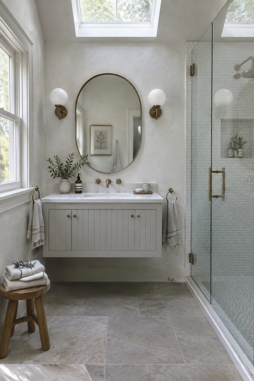 Modern bathroom with floating white vanity, round gold mirror, and tiled shower.