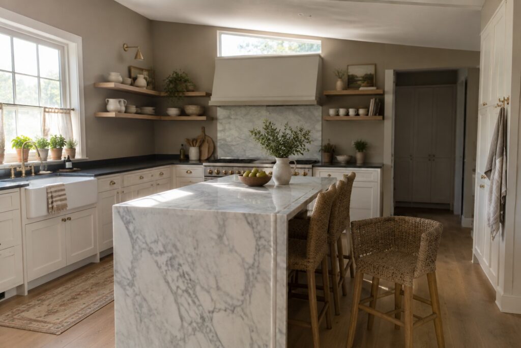 A kitchen with soft greige walls, white cabinets, and a marble island.