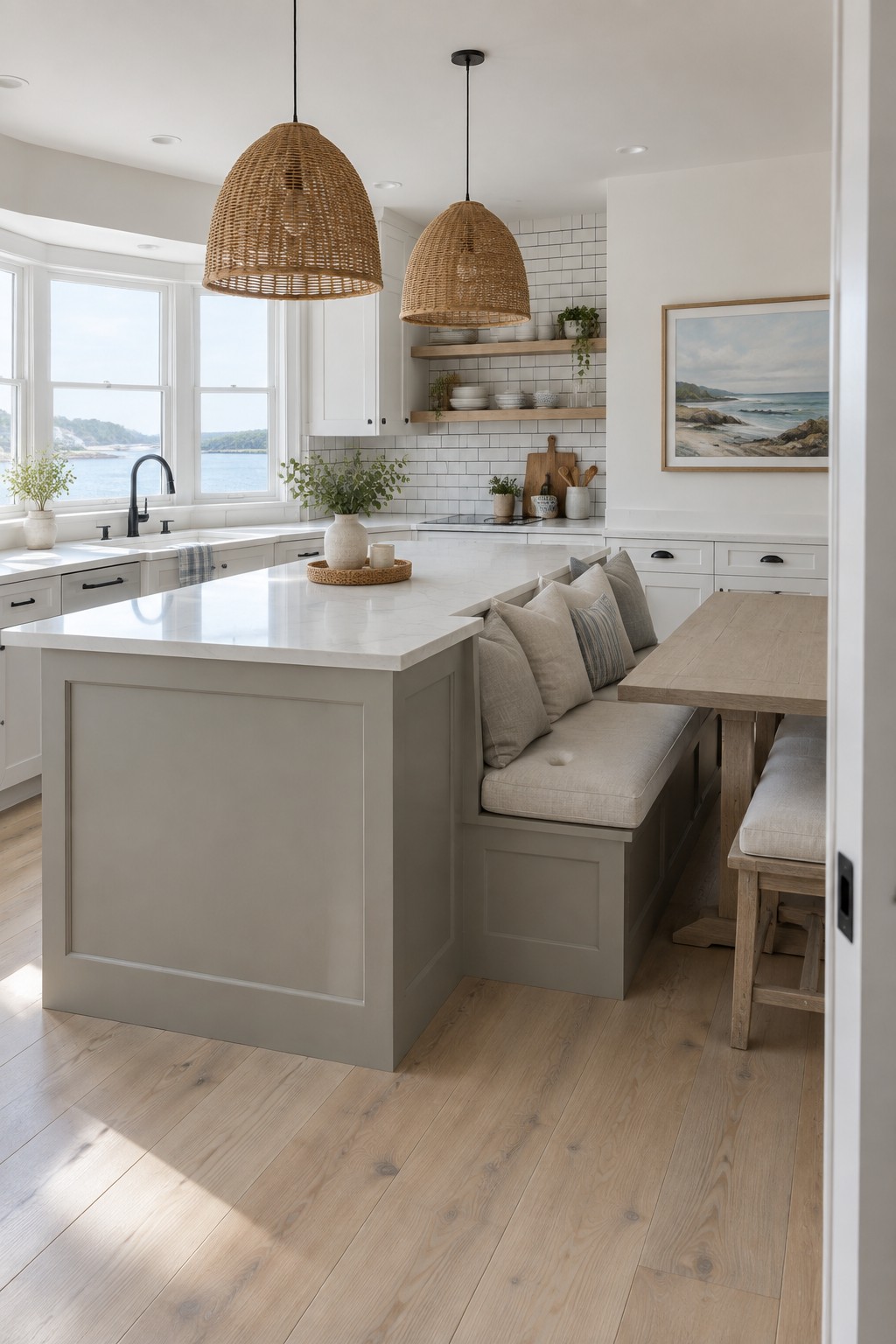 A kitchen island painted greige with white marble countertop and surrounding white cabinets.