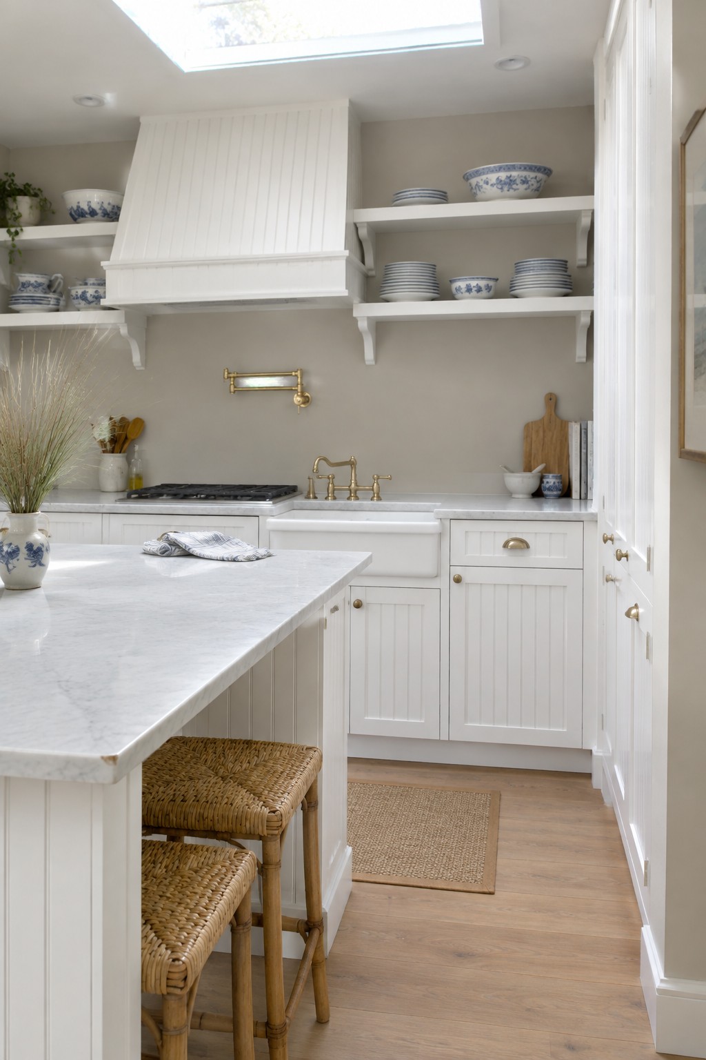 Light greige walls in a kitchen with white cabinets and marble counters.
