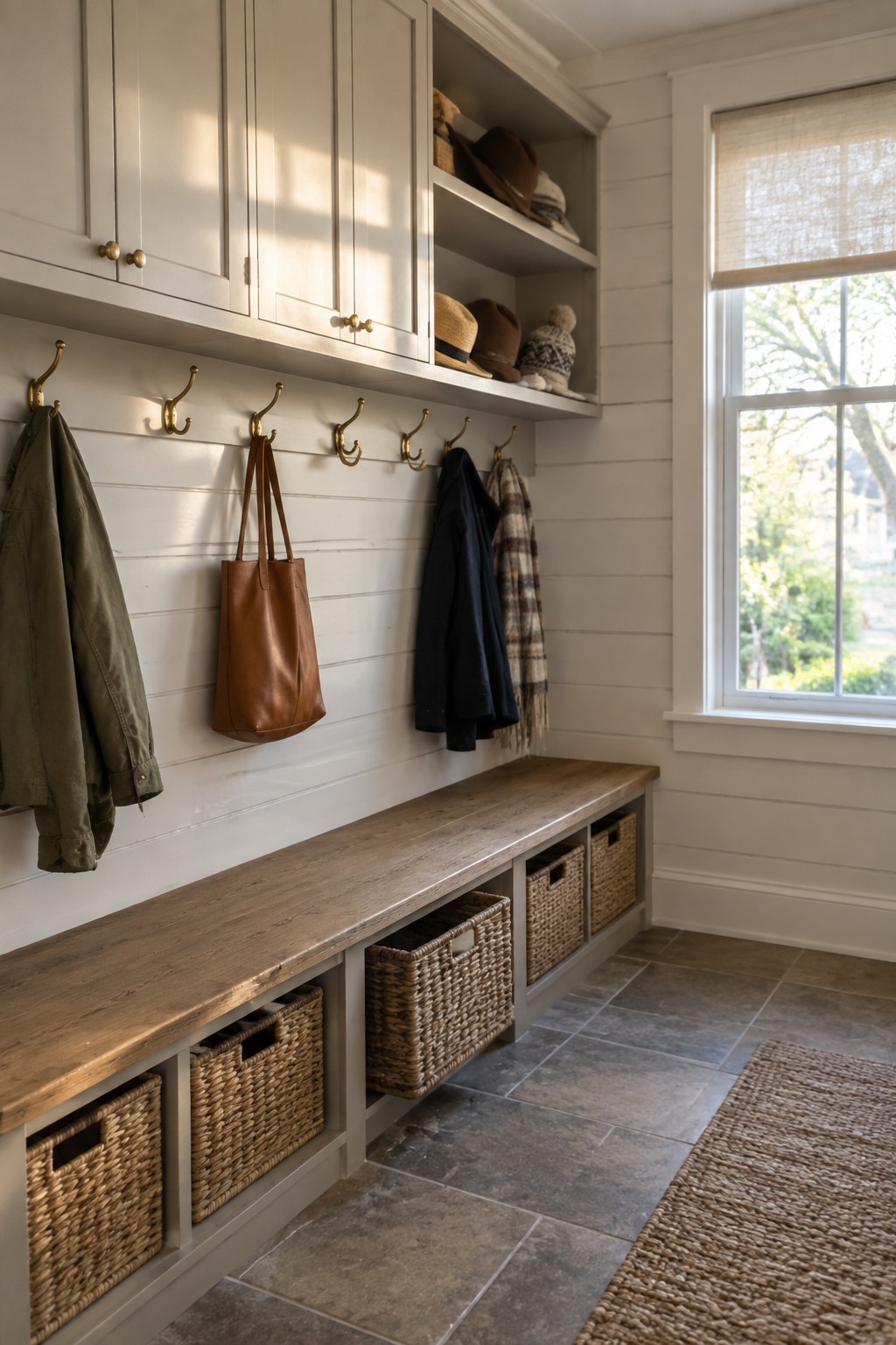 Light greige built-in bench and cabinets in a bright entryway with wood seating and woven baskets.