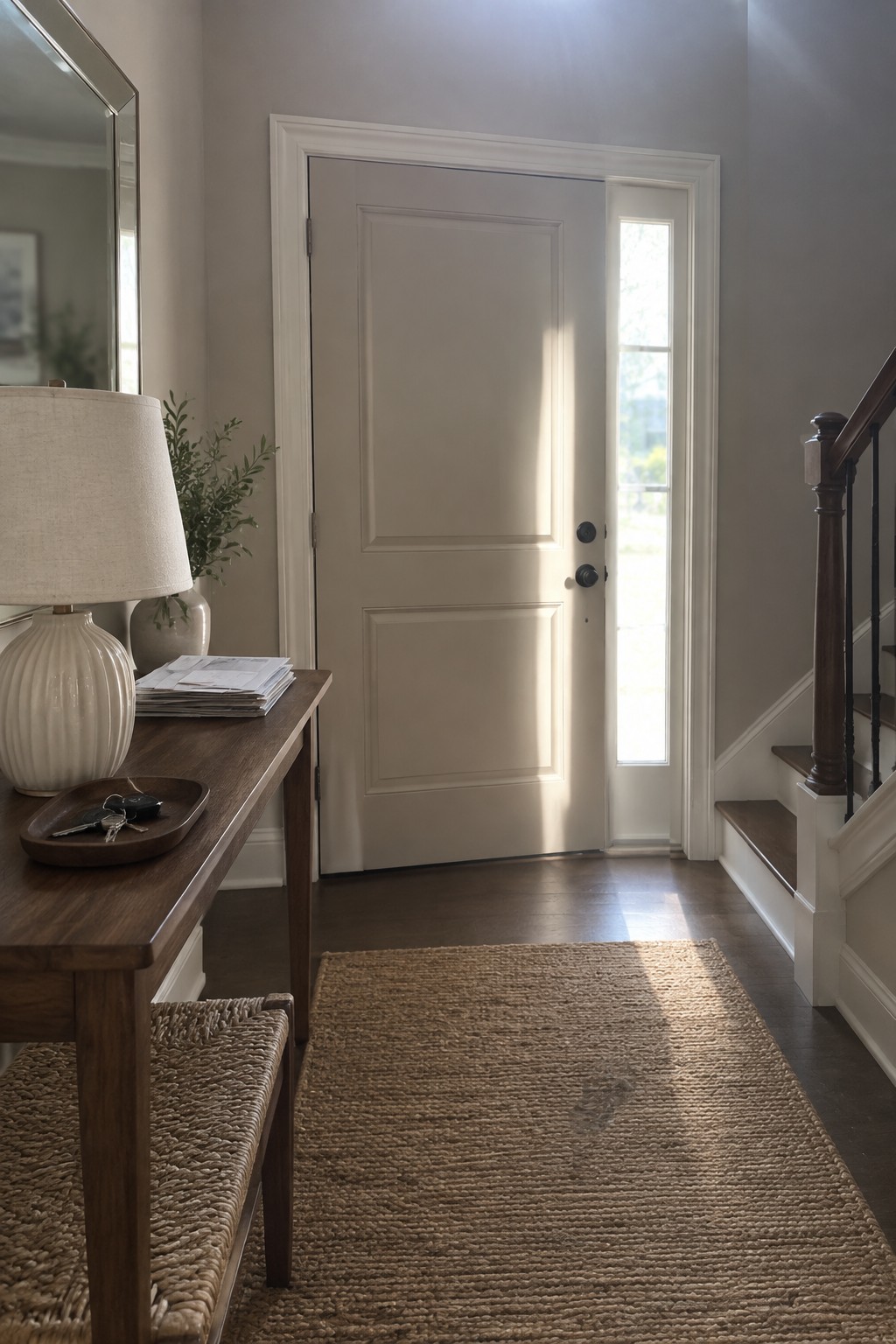 Sunlit foyer with white door, wooden console table, jute rug, and staircase