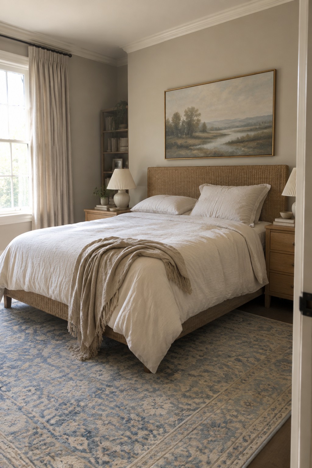 Serene bedroom with woven headboard bed, white linens, landscape painting, and blue rug.