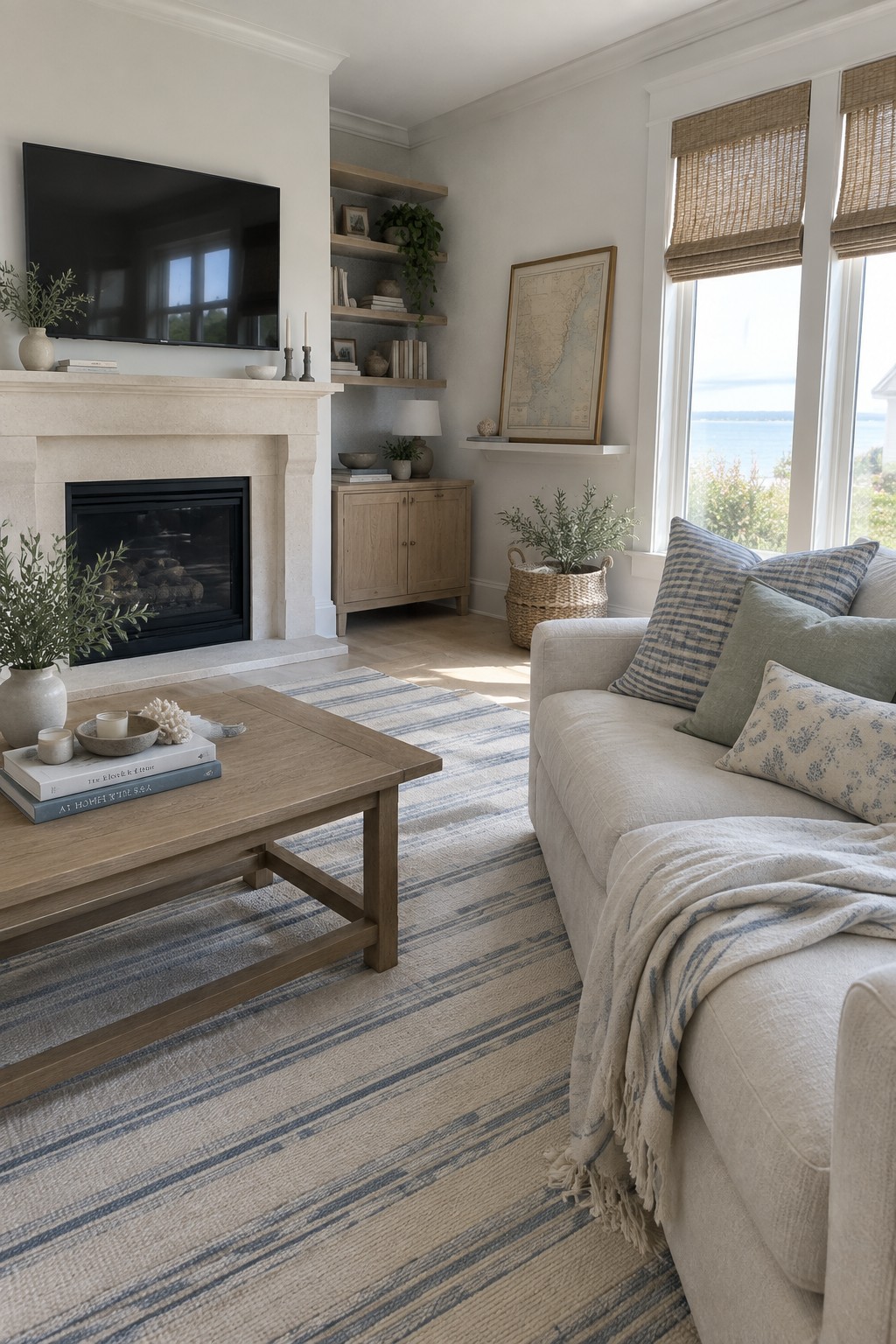 Living room walls painted in a clean neutral white beside a stone fireplace and light wood furniture.