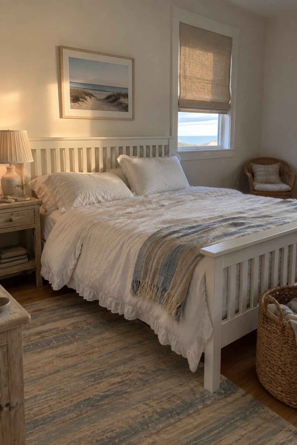 White bed with ruffled linens and striped throw in bright coastal bedroom