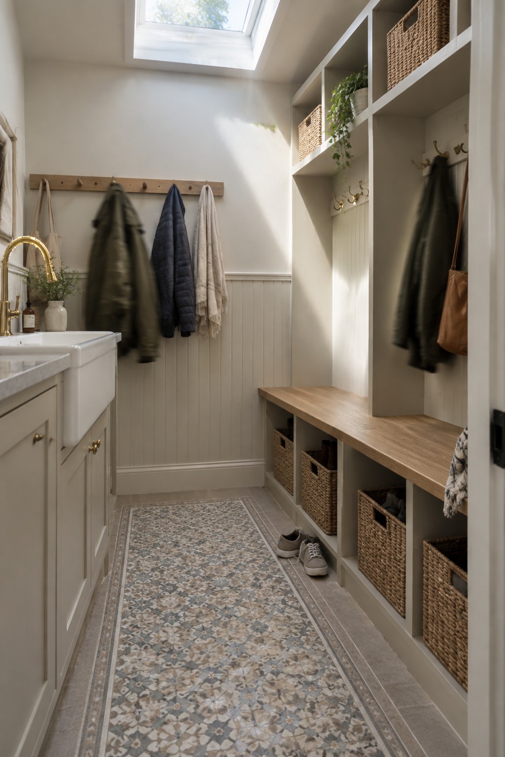 Neutral white walls and built-in storage in a narrow mudroom with wood bench and hooks.