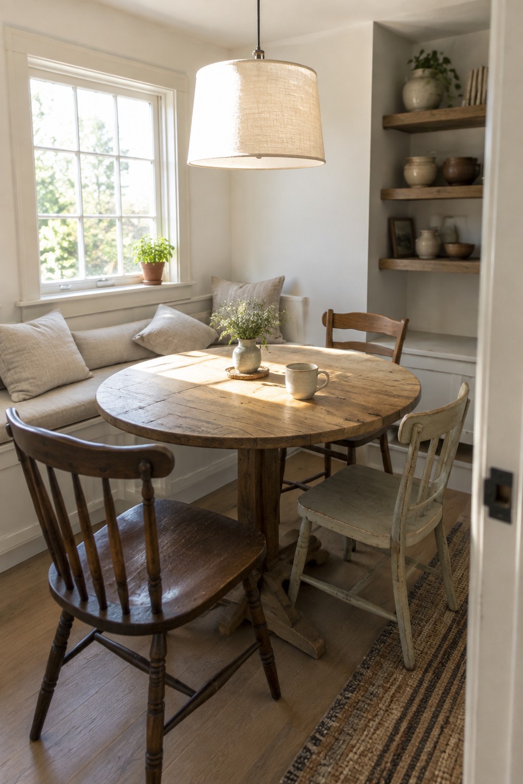 Cozy rustic nook with round wooden table, mismatched chairs, window seat, and pottery shelves