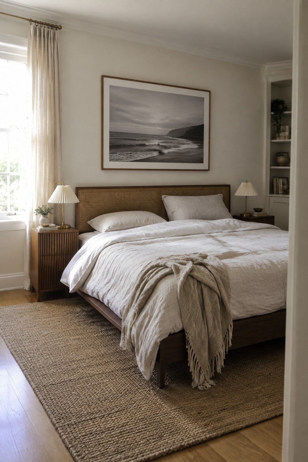 Neutral white walls in a bedroom with a wooden bed frame and white bedding.