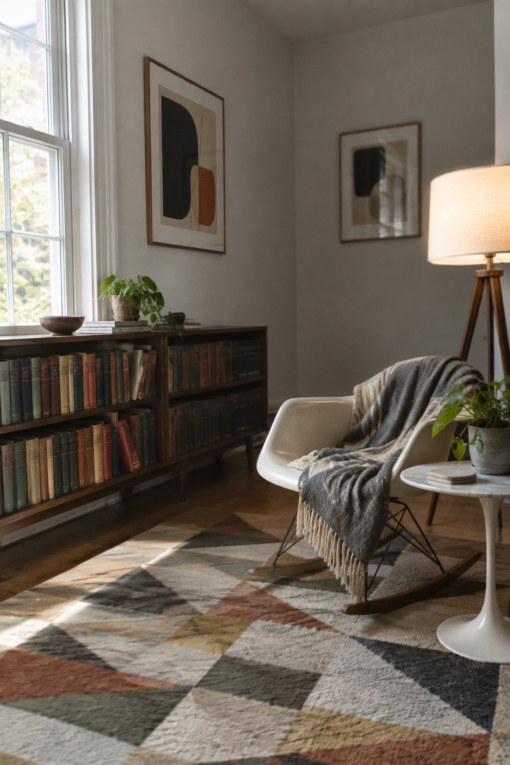 Light neutral white walls in a sunlit room with wooden bookshelves and a patterned rug.