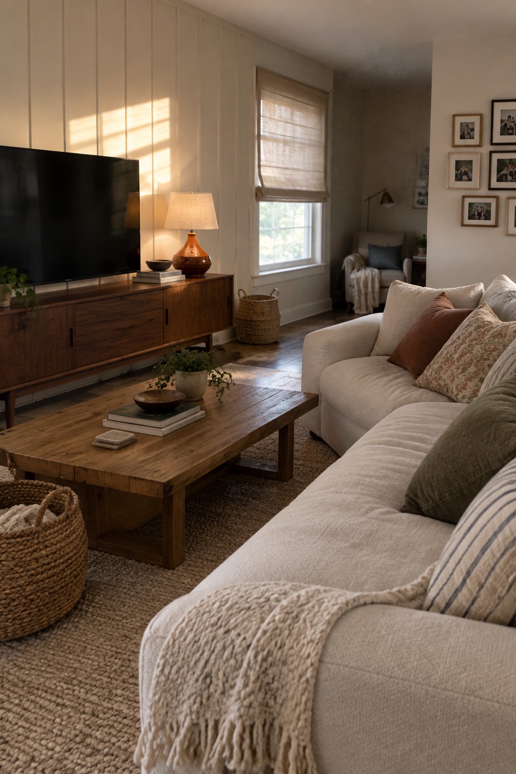 Living room walls painted in a soft neutral white next to warm wood furniture.