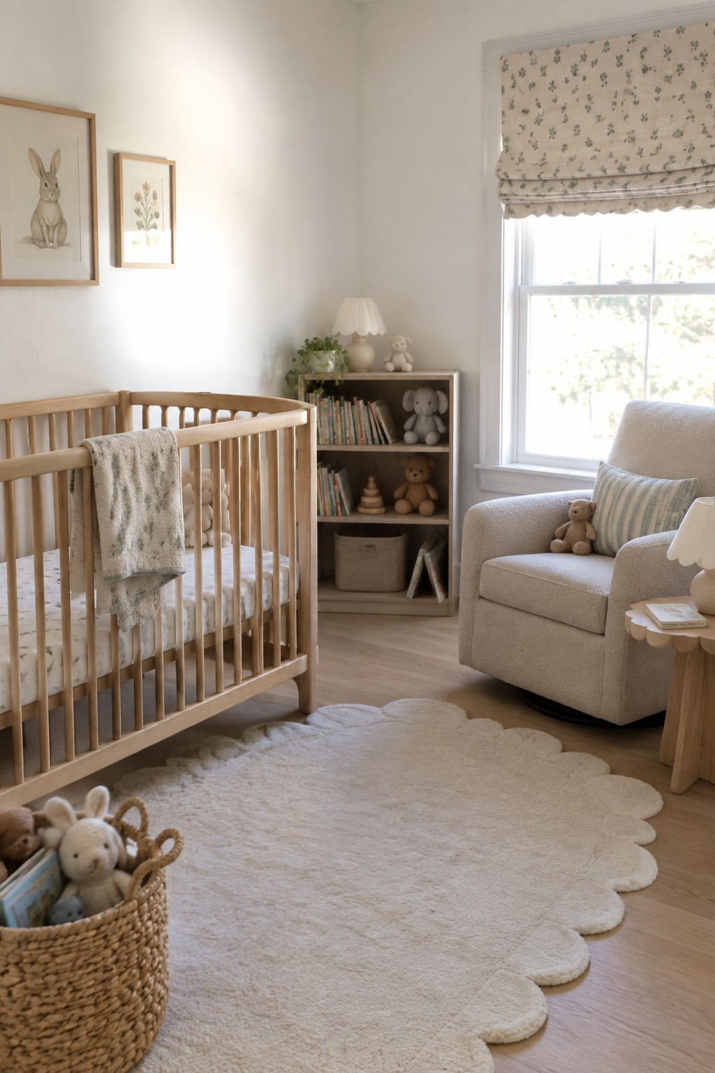 Light neutral white walls in a nursery with a wooden crib and warm wood flooring.