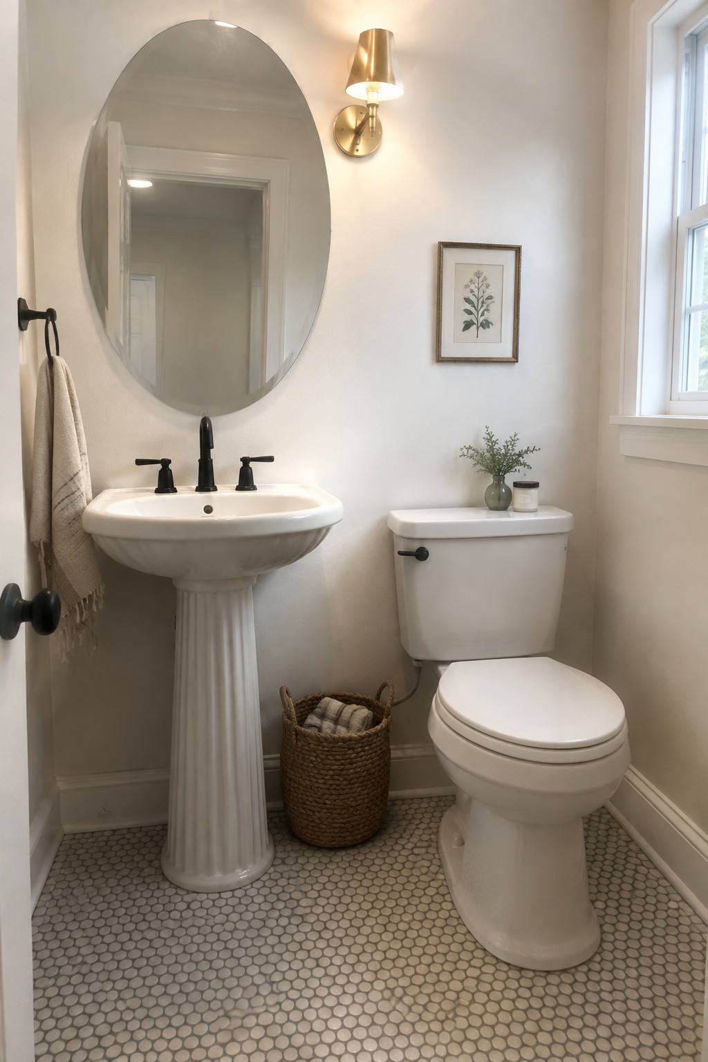 White pedestal sink and toilet in bright bathroom with oval mirror and hex tiles.