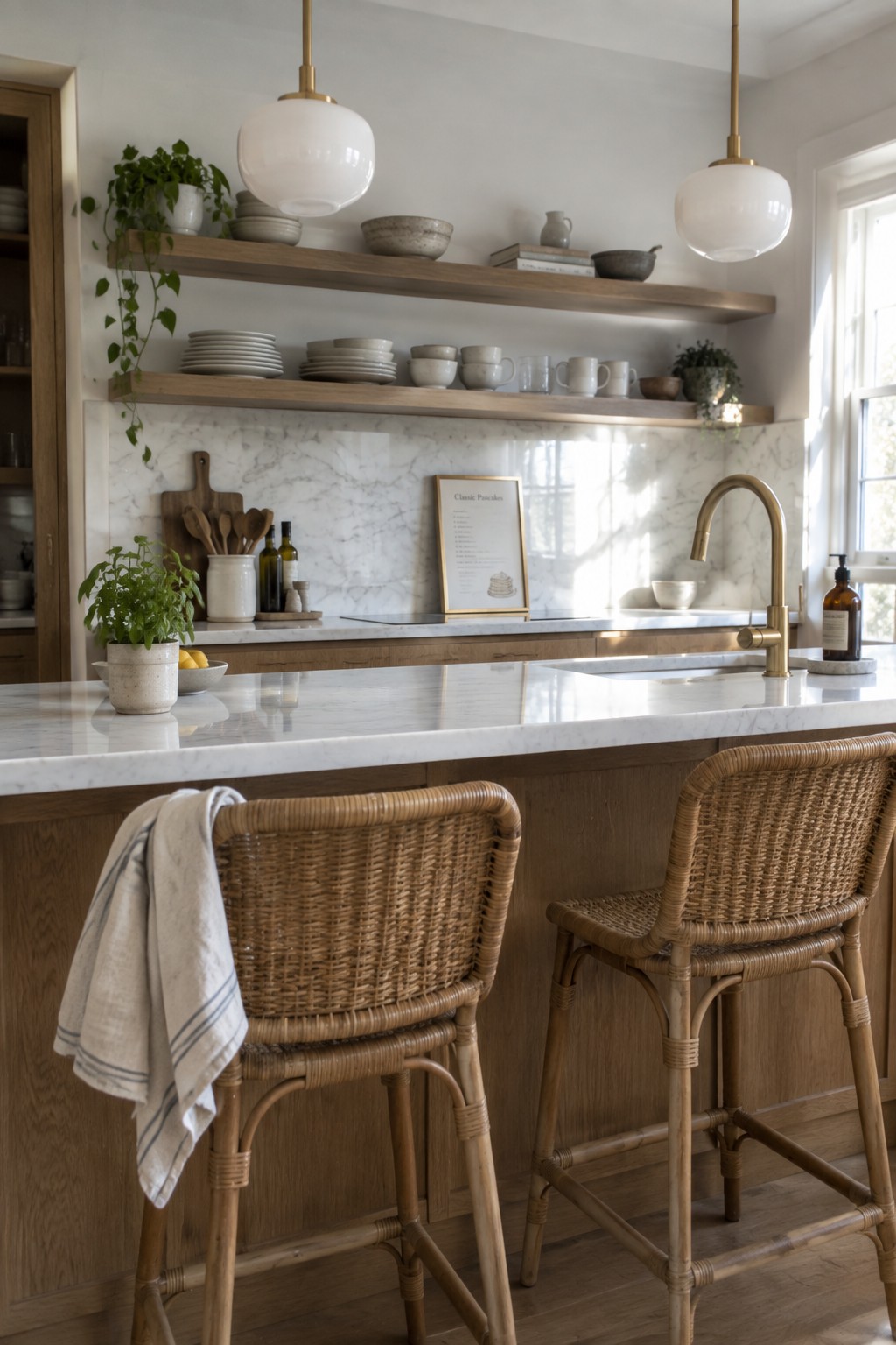 Kitchen with soft neutral white walls, marble backsplash, and open wooden shelves.