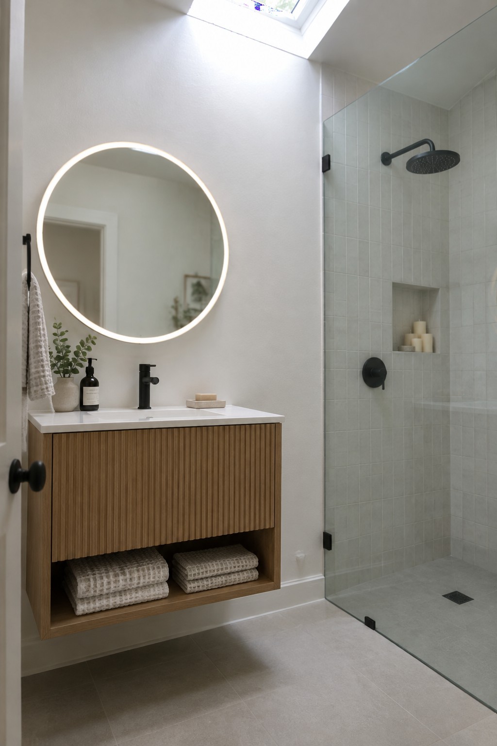 A bright bathroom with neutral white walls and a floating light wood vanity under a round mirror.