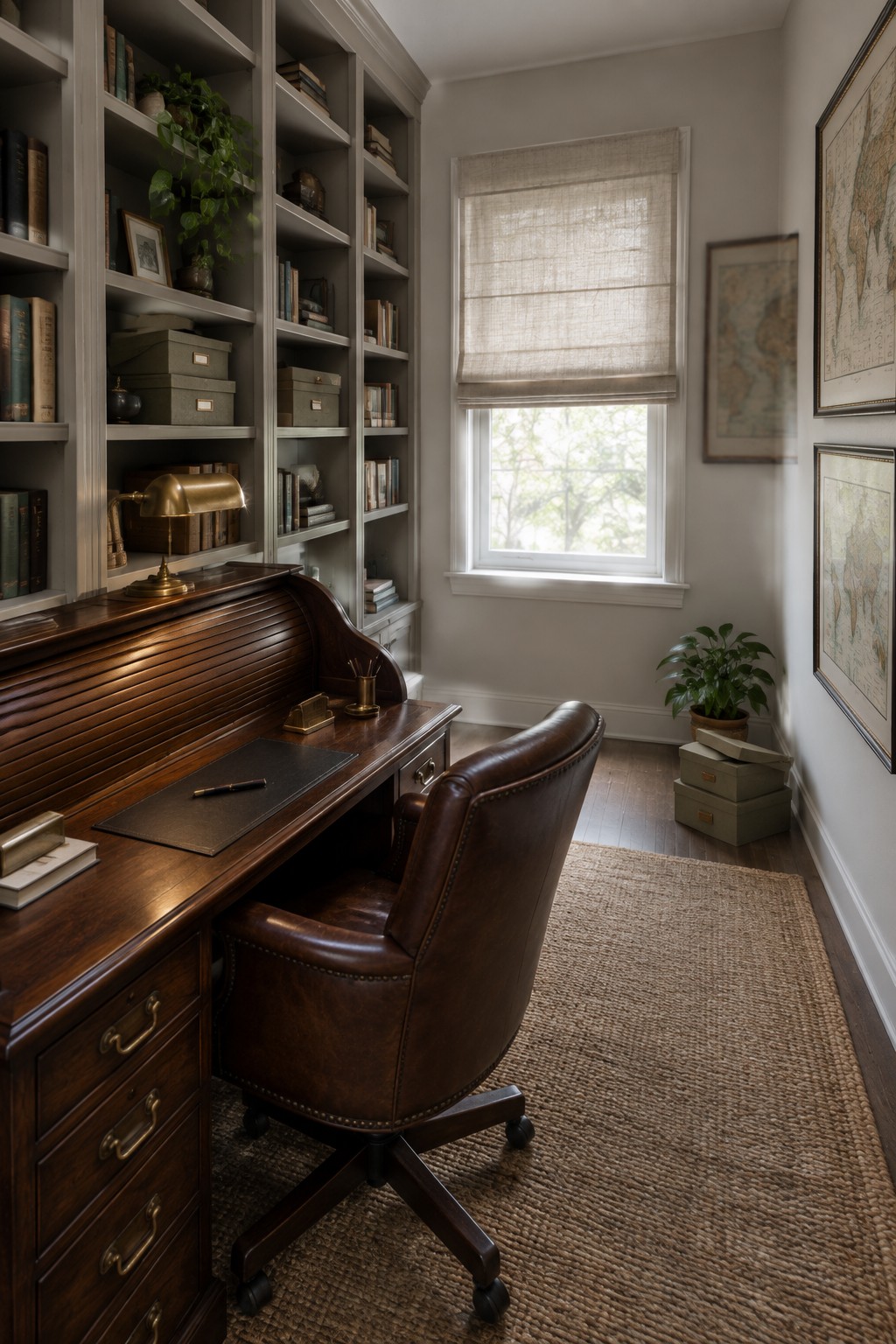 Traditional home office with wooden roll-top desk, leather chair, bookshelves, and framed maps.