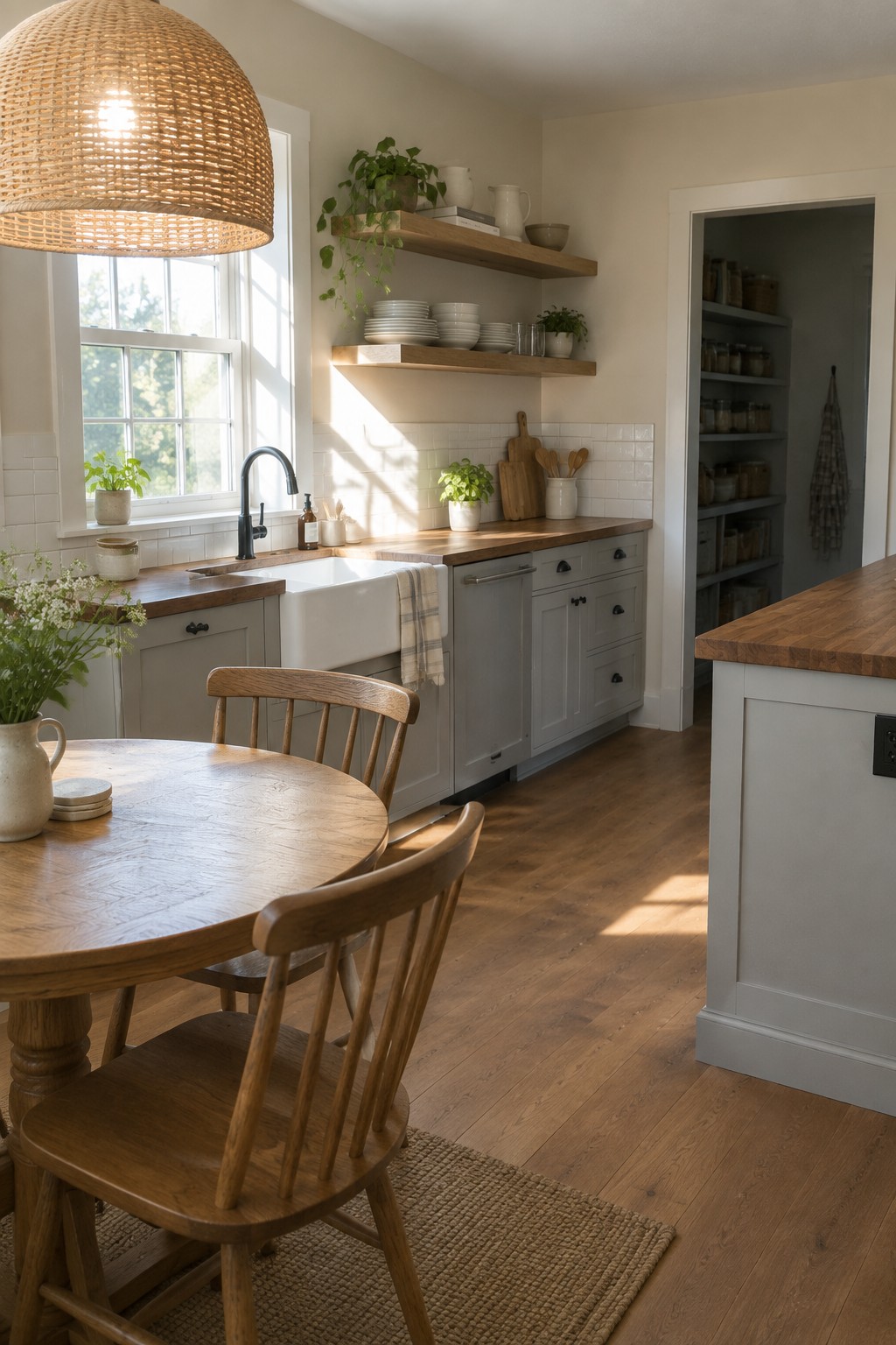 Light gray kitchen cabinets paired with wood counters and a white farmhouse sink.