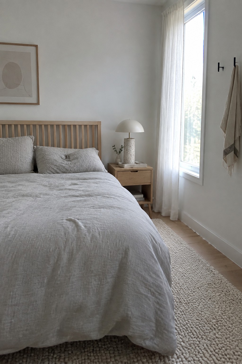 Bedroom walls painted in a soft neutral white next to light wood furniture.