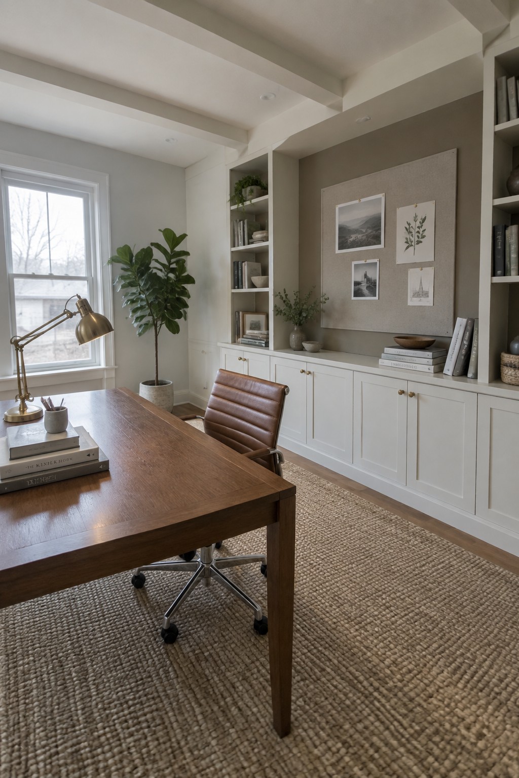 Warm off-white paint on built-in cabinetry and walls in a home office with a wooden desk.