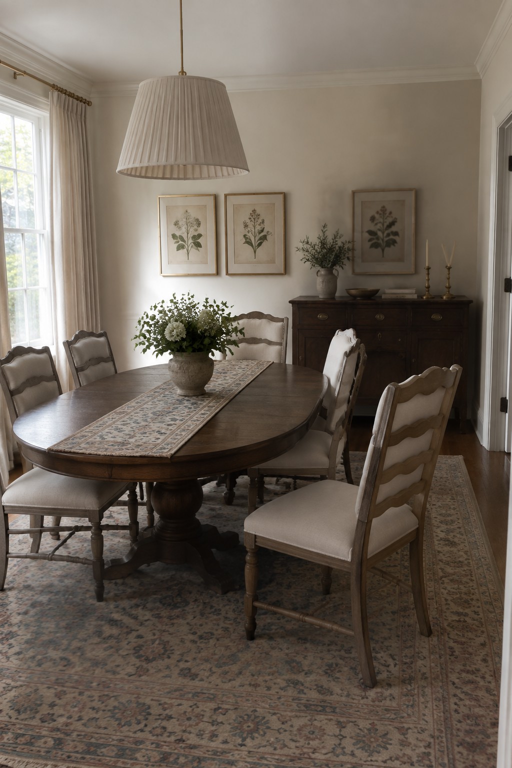 Soft warm white walls in a dining room with dark wood furniture.