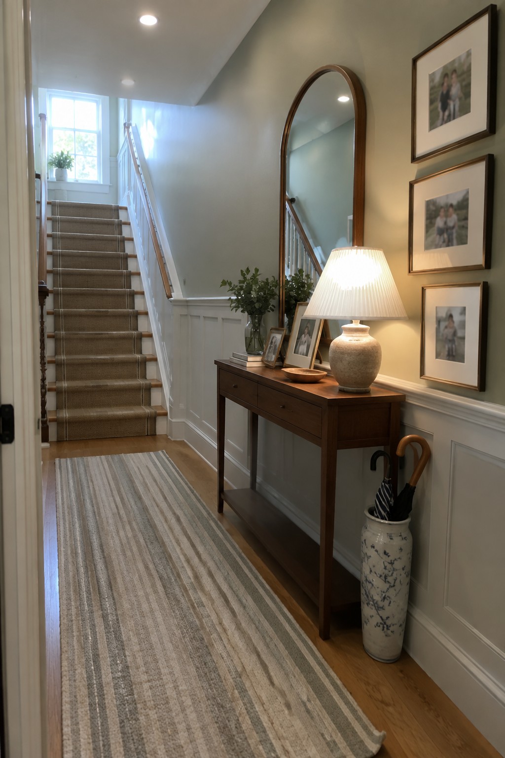 Wooden console table with lamp beneath arched mirror in hallway with striped rug and staircase
