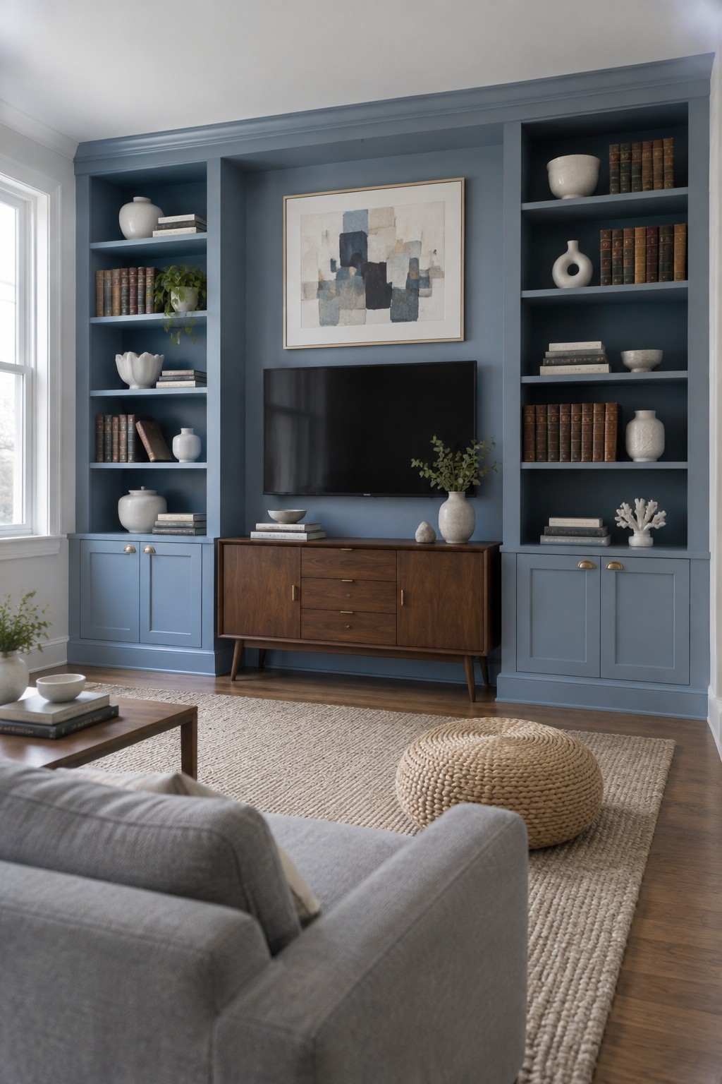 Built-in bookshelves and cabinets painted in a muted blue-gray fill the living room walls around a wooden media console.