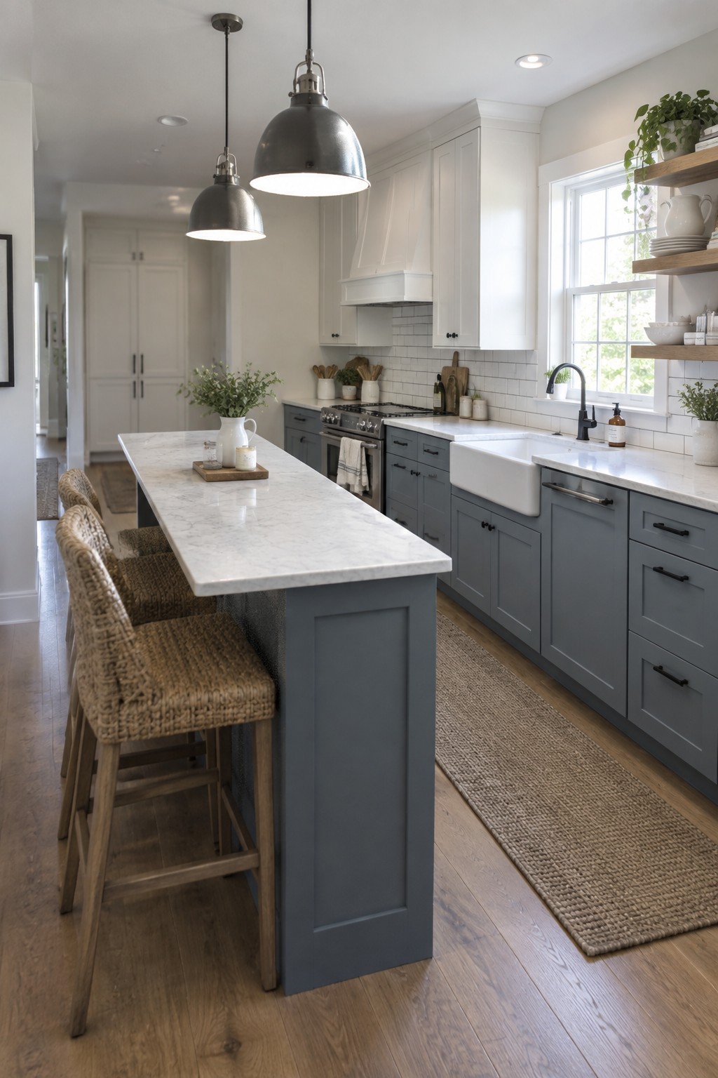 Kitchen with blue gray lower cabinets and island paired with white marble counters.