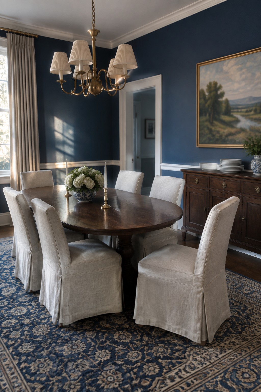 Deep navy blue walls above white wainscoting in a traditional dining room with a dark wood table.