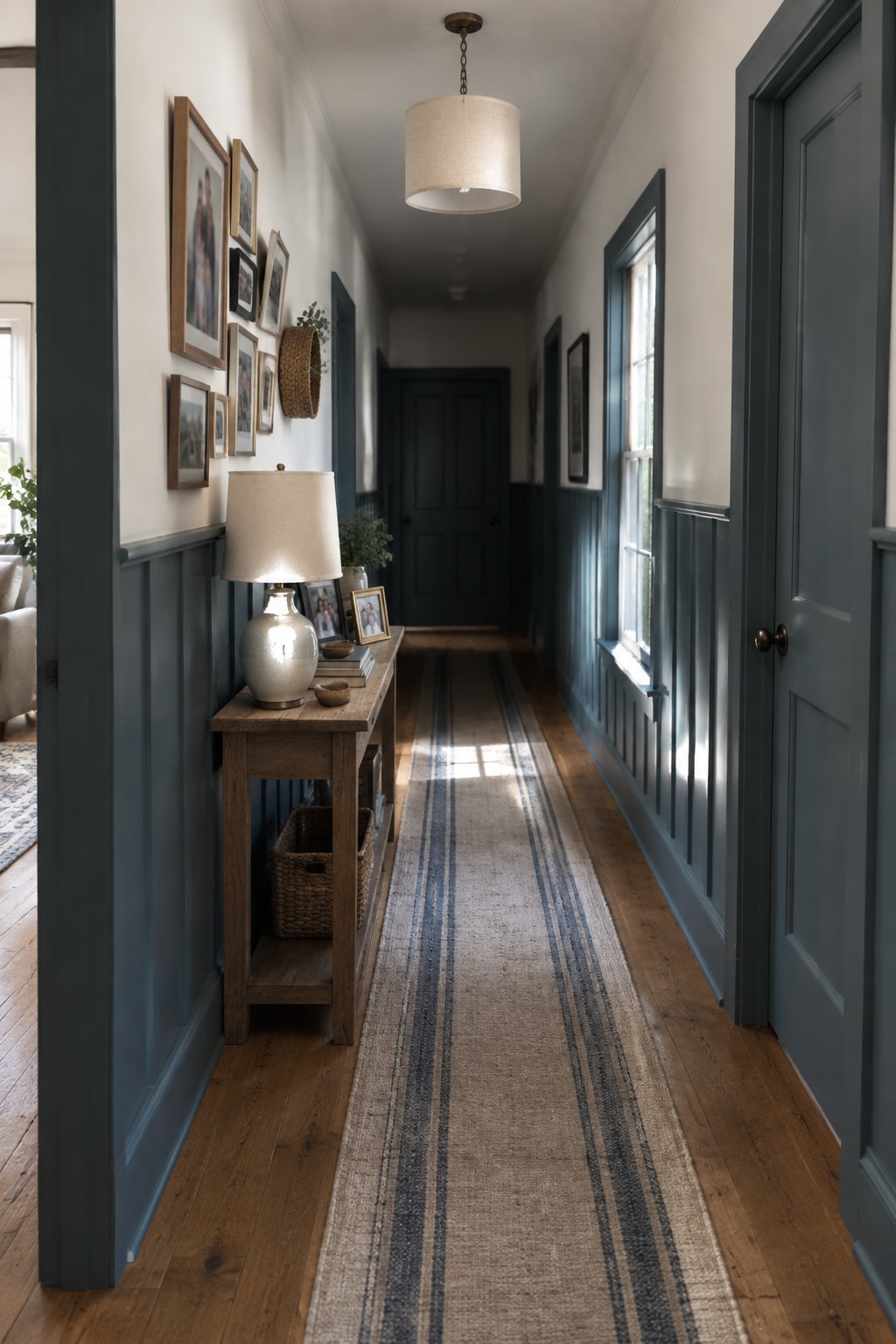 Narrow hallway painted in deep blue gray with white trim and warm wood flooring.