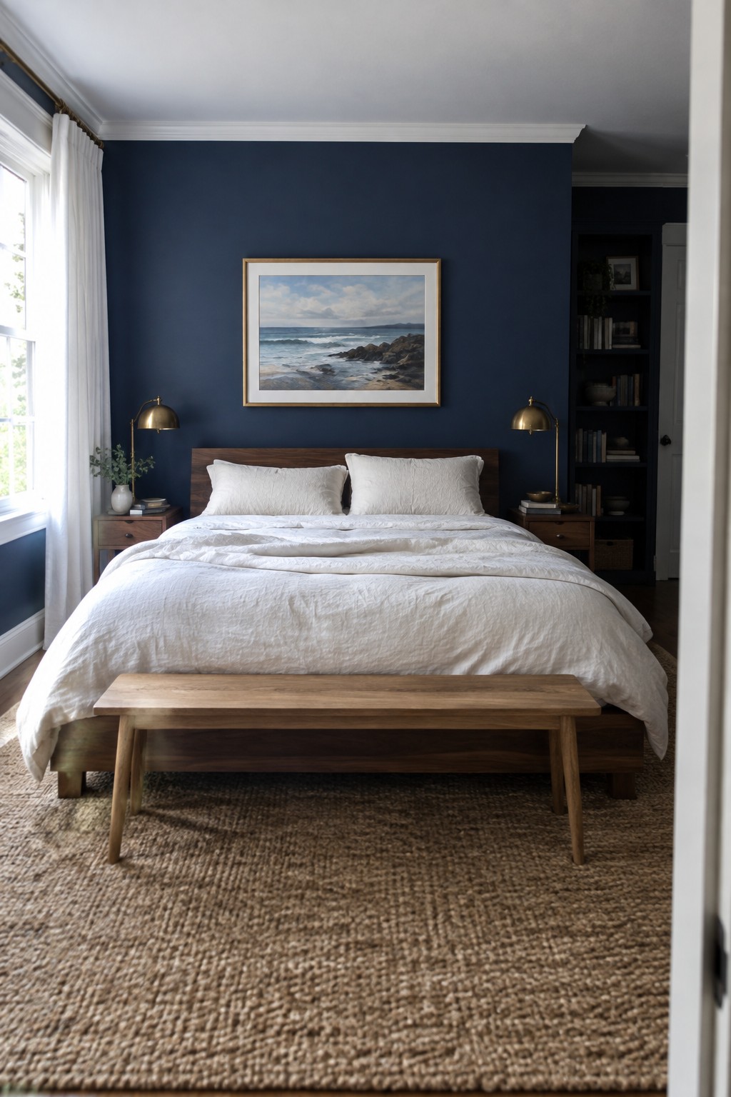 A bedroom with deep navy walls behind a bed dressed in white linens and flanked by wooden furniture.
