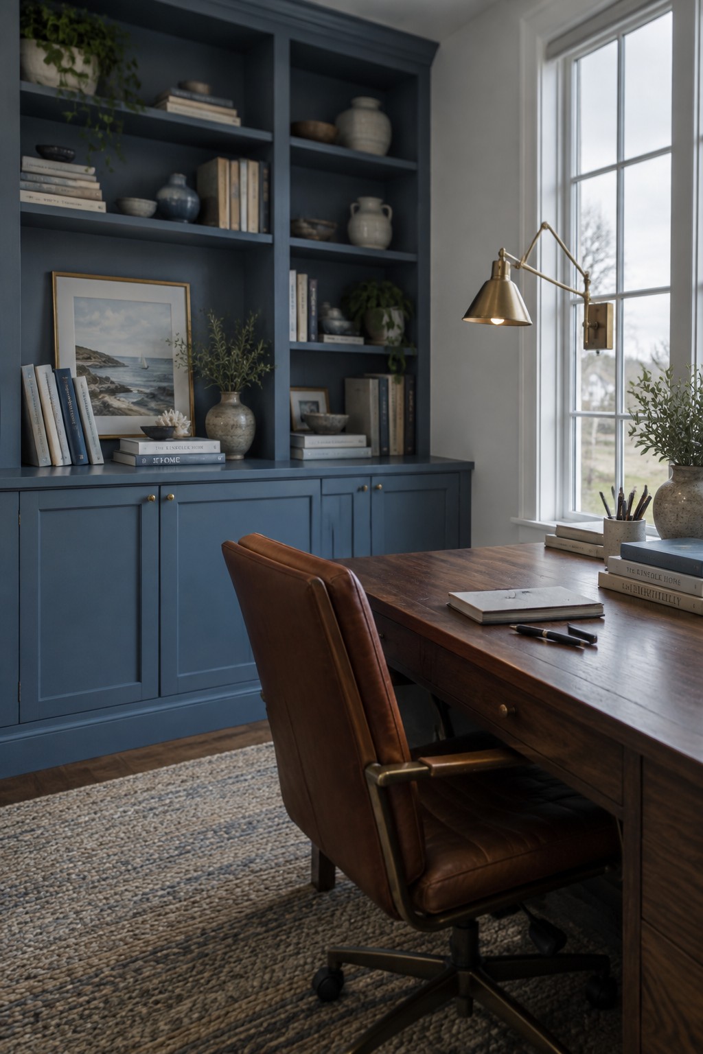 Deep navy built-in bookshelves and cabinets in a home office with a leather chair and wood desk.