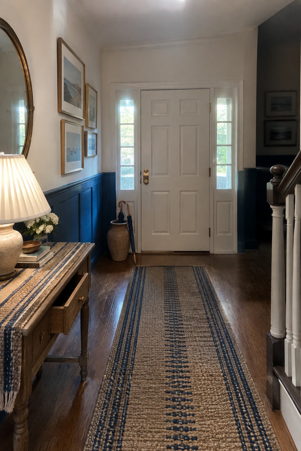 A hallway entry with deep navy wainscoting on the lower walls and white paint above leading to a white front door.