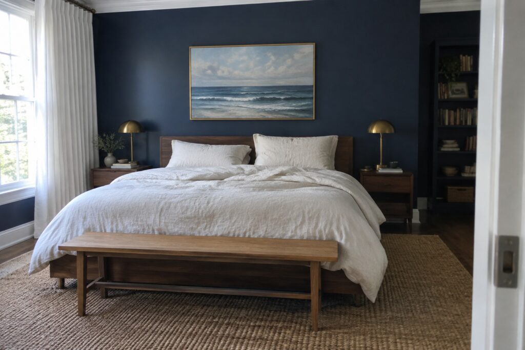 17 Striking Blue and White Paint Color Palettes for Residential Interiors A bedroom with deep navy walls behind a bed dressed in white linens and flanked by wooden furniture.