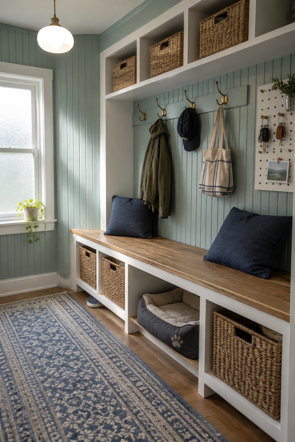Soft blue-green paint on the walls and built-in bench area of a home entryway.