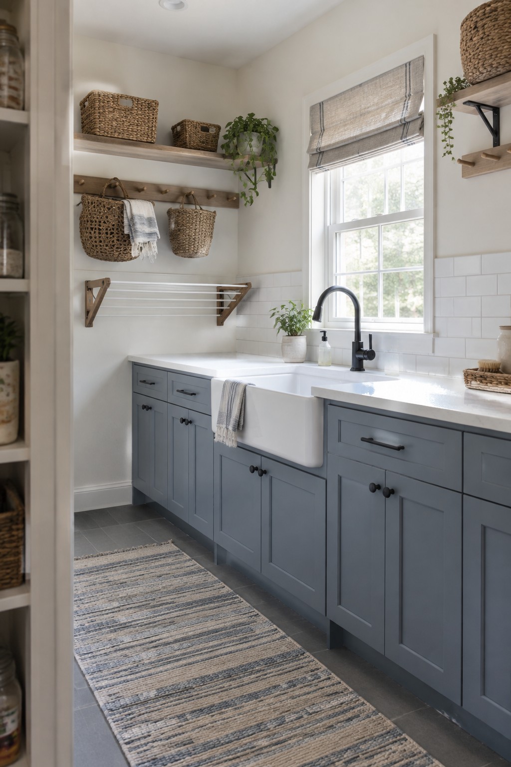 Blue cabinets, white farmhouse sink, wooden shelves with baskets, striped rug in kitchen